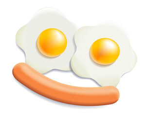 Sausage and fried eggs Volumetric. 3D model. Dish for breakfast. Food face. Ready Food. Isolated meal. Yolk and protein. Anthropomorphic smile. Vector illustration.