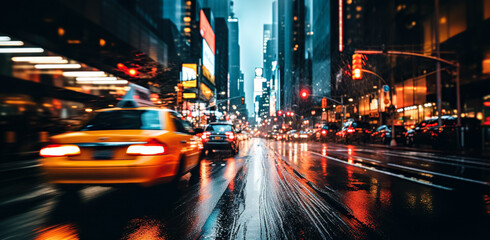 Cars in movement with motion blur. A crowded street scene in downtown Manhattan, digital ai