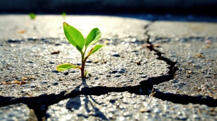 The sprout made its way through the cracked asphalt. life force concept.Generative AI