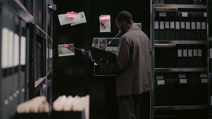 Male detective reading witness statements in archive, using surveillance footage to uncover new...