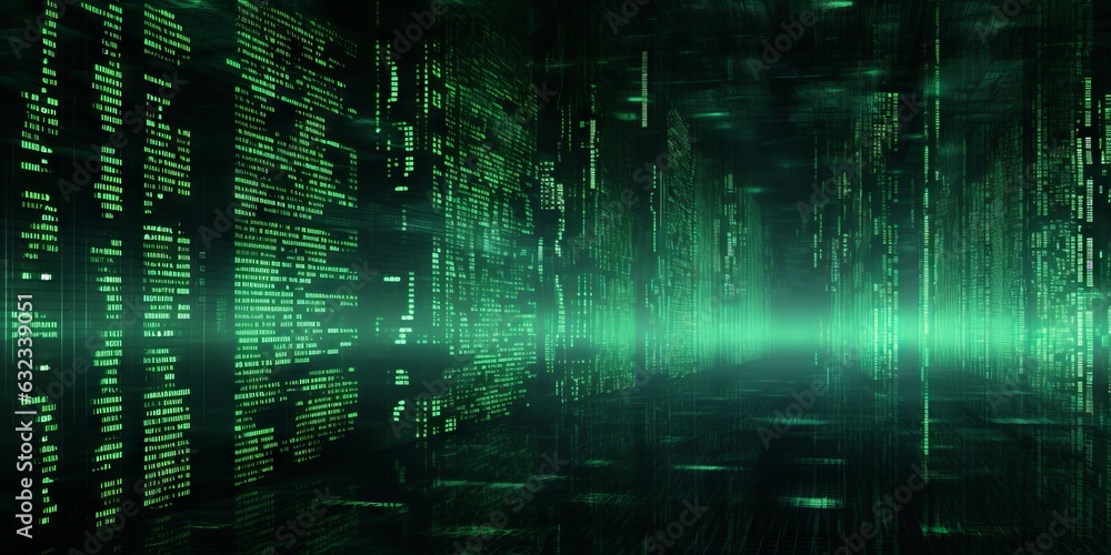 Wall mural digital frenzy: immersive matrix code wallpaper in green, generative ai