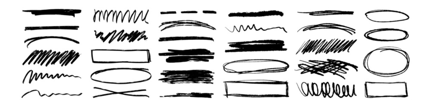Handdrawn highlighter marker underlines and scribbles. Charcoal bold grunge dirty brushstrokes. Vector illustration of marker lines, paint shapes, crayon lines, waves, frames, crosses, squiggles