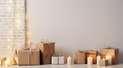 Generative AI, gift boxes with elegant ribbons lie against the background of a plain wall, christmas, new year, holiday, birthday, place for text