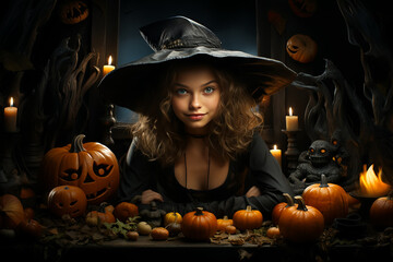 illustration of beautiful witch on Halloween background. Halloween concept