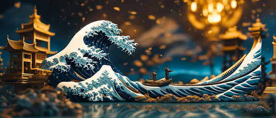 The Great Wave of Kanagawa Diorama: A Stunning 3D Representation of a Japanese Masterpiece.
