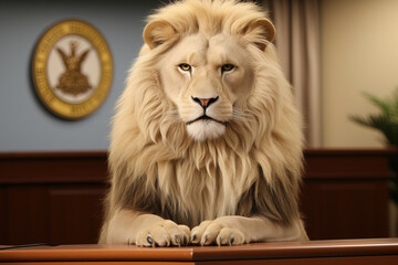 A white lion or albino lion who is a president, sitting on a podium giving a speech. Politician. King - obrazy, fototapety, plakaty