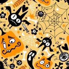 Halloween cartoon pumpkins seamless bat and ghost and candy and web pattern for wrapping paper and fabrics