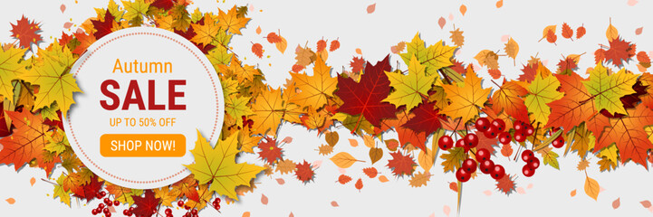 Autumn sale banner vector template. Design for flyer, invitation card, promo poster, discount coupon, voucher
