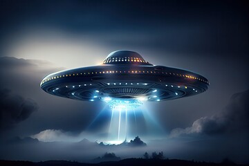 Fototapeta na wymiar UFO with Beam, Alien Spaceship in Night Sky, Futuristic Mystery Transport, Abstract Generative AI Illustration