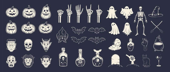 Vector Halloween icons set. 40 Halloween vintage elements, signs and silhouettes isolated on black background. Spooky decorations for logo, emblem, poster, banner, invitation, background design.