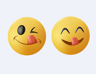 3D Yummy smile emoji with tongue lick mouth. Delicious tasty food symbol for social network 3D symbol UI. Yummy and hungry icon. Vector illustration isolated on white background