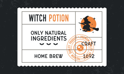 Halloween vintage label. Witch potion. Trendy vintage label for hand made products, restaurants, drinks and food stores,  packaging. Vintage old label template. Vector illustration
