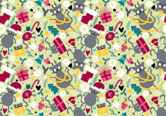Christmas animals seamless cats and gift box and tree and toys pattern for wrapping paper and fabrics
