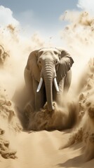 An elephant is walking through the sand in the desert. AI.