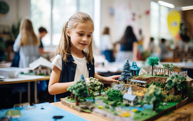 Girl schoolgirl doing homework environmental project about environmental protection in the classroom, back to school concept