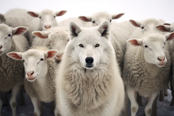 A wolf in sheep's clothing - wolf shepherd surrounded by sheeps. 