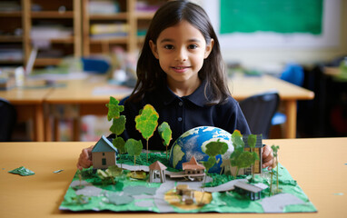 Girl schoolgirl shows her ecological project on the theme of environmental protection, back to school concept