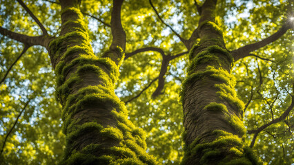 Fototapeta premium Digital Nature's Pinnacle: AI-Crafted Tree Portrait in Lush Forest Stock Landscape