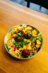 Vegan falafel bowl is a delicious dish easy to make and rich in calories . High quality photo
