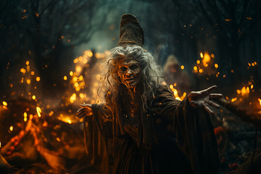angry witch is preparing spell. Halloween concept. Horror movie