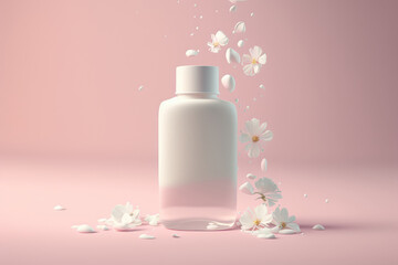 Obraz na płótnie Canvas White cosmetic bottle mock up on the pastel background with flowers, Generative AI 
