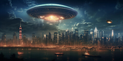 Fototapeta premium UAP and UFO over city 
