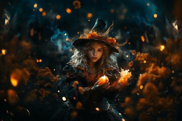 Fototapeta na wymiar little beautiful witch conjures on Halloween night. Fairy tales. Halloween magic