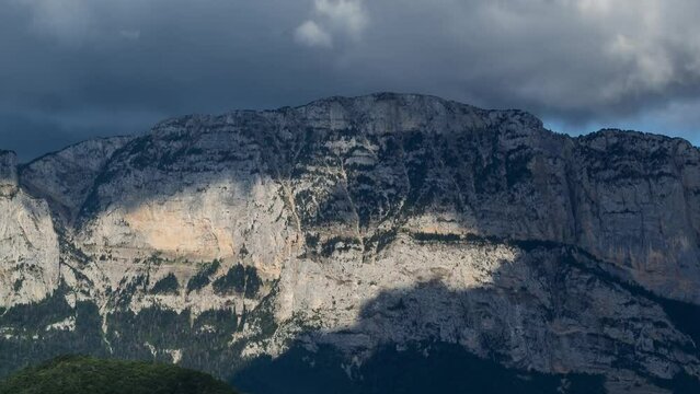 Timelaps of French countryside. Panoramic drone view of tree-covered hillsides of the heights of the Vercors, the marly hills and the valley Val de Drome, France