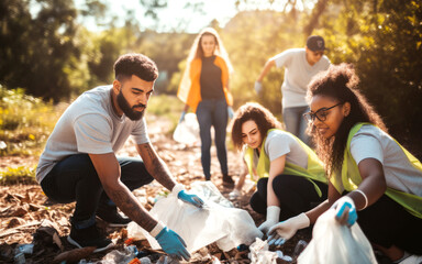 Group of happy volunteers pick up trash in plastic bags in park. Concept of ecology, volunteering, donation and charity