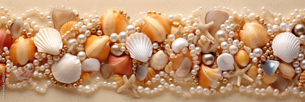 Poster a row of seashells and pearls on a wall. digital image.
