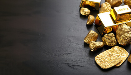 Gold ingots and nuggets on a black table. Space for text