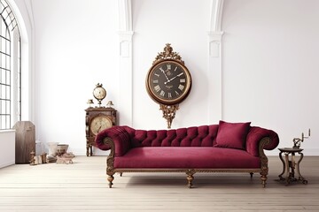 Baroque-style residence with a crimson couch and table. Generative AI