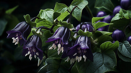 Deadly Nightshade Magic: Spring Garden Mystery. Captivating and magical scene featuring Belladonna. the deadly nightshade. in a spring garden filled with mystery. Generative ai - obrazy, fototapety, plakaty