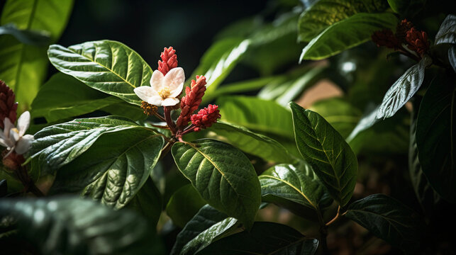 Ayahuasca Journey: Banisteriopsis caapi and Psychotria viridis. Imaginative representation of the ayahuasca journey with Banisteriopsis caapi and Psychotria viridis. Generative ai