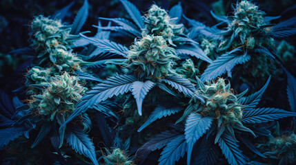 Cannabis Blue Dream: Spring Garden Fantasy. A fantastical scene featuring the dreamlike allure of Cannabis Blue Dream in a photorealistic portrayal of a spring garden. Generative ai