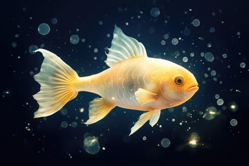A goldfish swimming in the water with bubbles. Digital image. Contaminated water, radioactive fish.