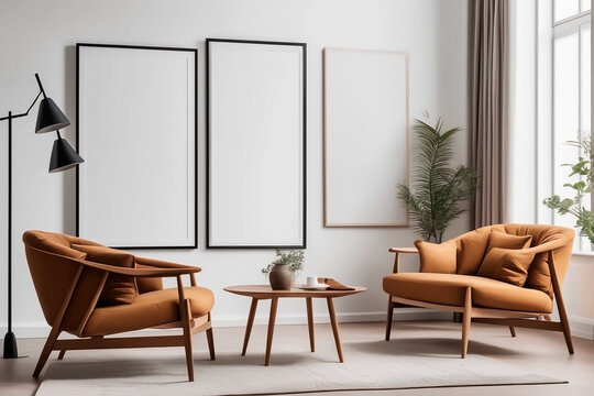 A modern living room with Scandinavian interior design featuring two armchairs, a white wall, and a large framed poster, all generated using AI.