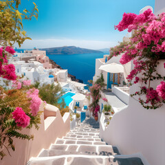 Stunning picturesque view of Santorini with whitewashed houses village, pink flowers and blue sky