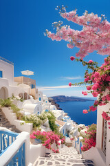 Picturesque view of Santorini with whitewashed houses and blue sea - obrazy, fototapety, plakaty