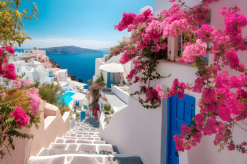 Beautiful landscape of Santorini with blue sky and pink flowers © LiliGraphie