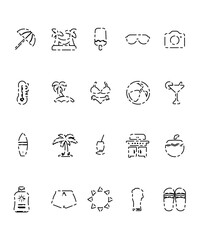 20 Broken Line Vectors Of Beach And Summer Icons In Black Monotone