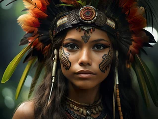 Poster Exquisite tribal woman from the heart of the Amazon rainforest, captured in a striking and captivating portrait. Beautiful tribal woman with headdress of native people. © Vagner Castro