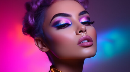 High fashion model poses in neon lights glowing make up