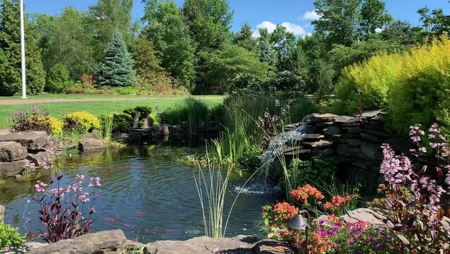 Beautiful koi pond with a small relaxing waterfall