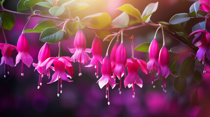 Fuchsia Garden Vitality. Vitality and life brought by the Fuchsia flowers in a spring garden. symbolizing the dynamic energy of the season. Generative ai - obrazy, fototapety, plakaty