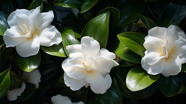 Gardenia Spring Serenity. Serene and tranquil ambiance created by Gardenia flowers in a spring garden. invoking a sense of calm. Generative ai