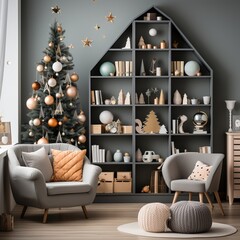 Christmas tree in the children's room. Decorated holiday tree in a bright interior. Decor for the festive new year. Generative AI
