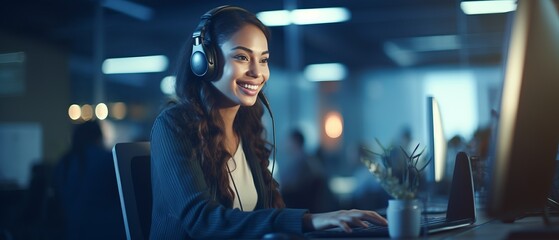 Photo of a woman working in a call center, providing customer support for IT and tech issues with headphones on - IT Professional Support - obrazy, fototapety, plakaty