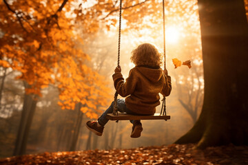 low angle photo of a kid swinging in the swing in autumn. High quality photo