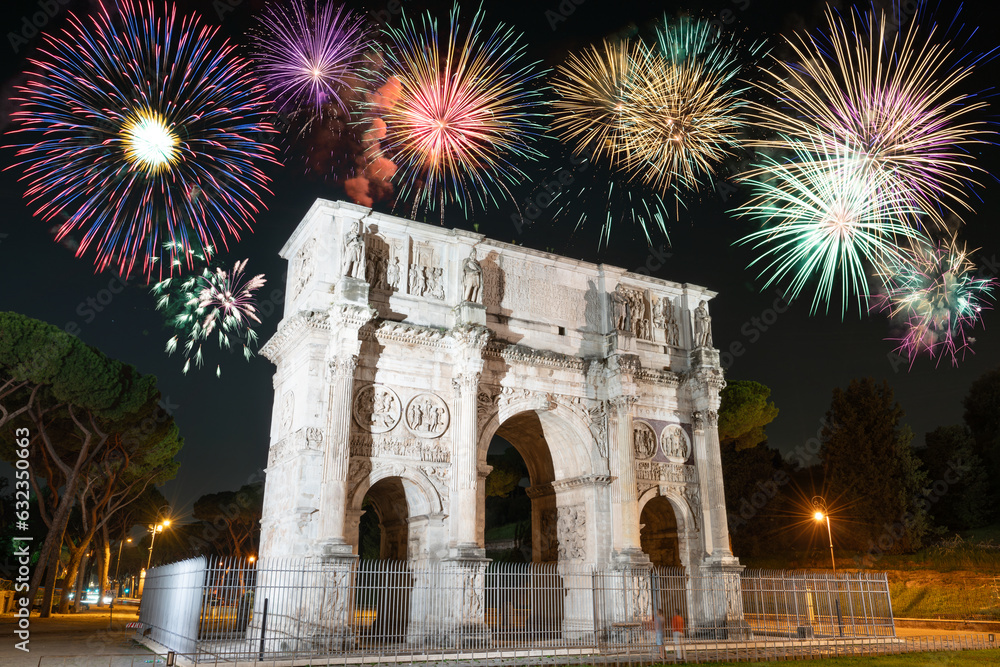 Poster Fireworks display near Constantine arch in Rome, Italy